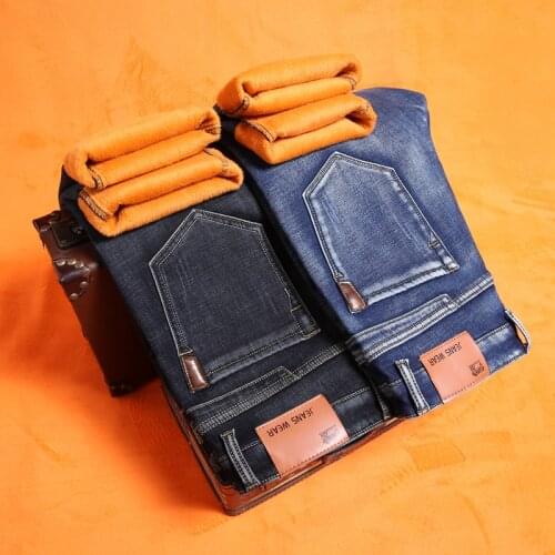 Straight Flocking Trousers Denim Jean Winter Thermal Warm Flannel Stretch Jeans Mens Winter Quality Famous Brand Fleece Pants