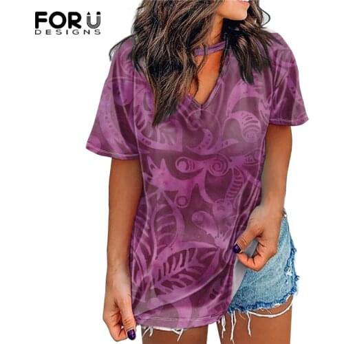 FORUDESIGNS High Quality Womens Casual V-Neck T-Shirts Hawaiian Marine Style Print Ladies Elasticity Comfortable Tops Mujer