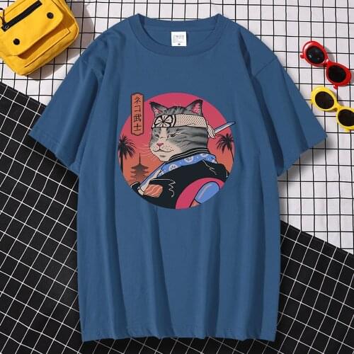 Japan Ukiyo E Style Gray Cat Print Men Tshirts Creativity Simplicity Short Sleeve Casual Style T Shirts Loose O-Neck Men Tshirts