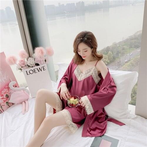 3 Pieces Women Pajamas Set New Autumn Summer Sexy Sleepwear Nightdress+Robe+Pant Femme Pyjama Nightwear Ladies Home Clothing Set