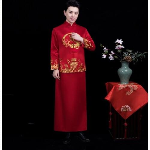 The groom embroidered dragon Tang suit sets Chinese style costume male Qipao dress traditional Chinese wedding cheongsam for men