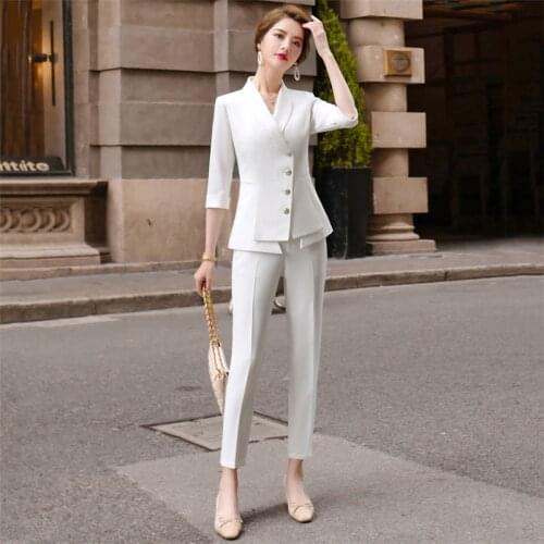 Blazer and pants two piece set women white 2020 spring new fashion office lady slim black professional tops sets clothing LD1289