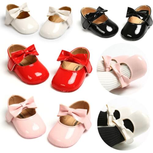 PUDCOCO Cute Baby Girl Anti-slip PU Crib Bow Sneakers Newborn Shoes Soft Sole Prewalker 0-18M