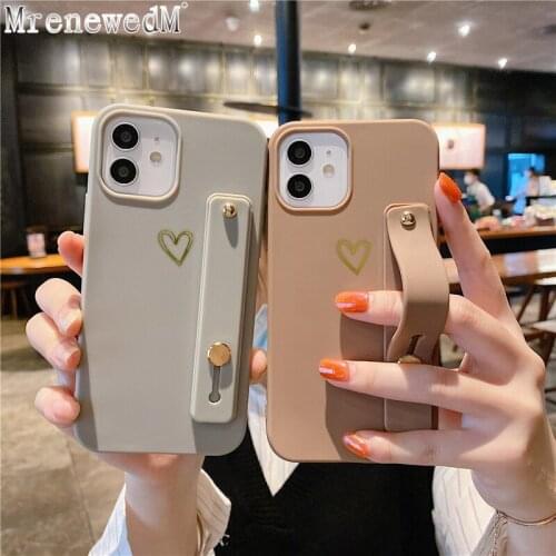 Silicon Cover With Wrist Strap Stand For iPhone 7 8 Plus 12 Mini 11 Pro Max XR XS Max X SE 20 Solid Candy Color Matte Phone Case