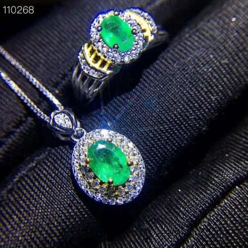 925 Silver Jewelry set Natural emerald Pendant Ring sets Women Jewelry