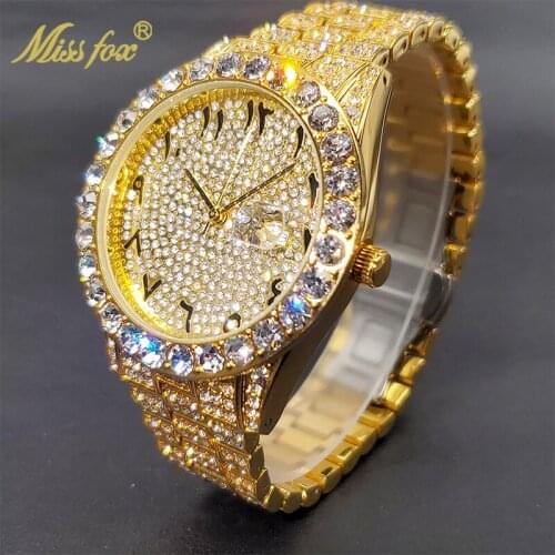 هدايا رجالية فاخرة MISSFOX 18K Gold-Plated Men Watch Big Diamond Bezel Genuine Hip Hop Street Trend 2021 Evening Dress Watches