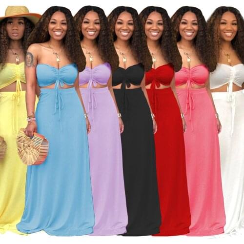 2021 Summer New Womens Clothing Solid Color Sexy Tie Rope Tube Top Long Skirt Two-Piece Suit