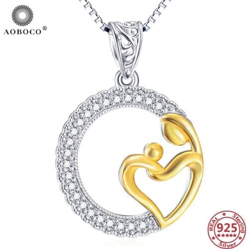 AOBOCO 925 Sterling Silver Mom&Baby Heart Pendant Necklaces Crystal Zircon Necklace Mothers Day Gifts from Daughter Moms Gifts