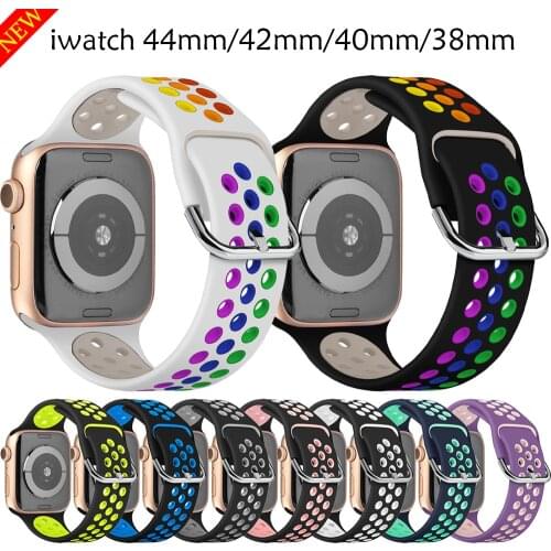 Rainbow Silicone Strap for iWatch 44mm 42mm 40mm 38mm Two-color Soft Sports Breathable Watchbands for Apple Watch 6 5 4 3 2 1 SE