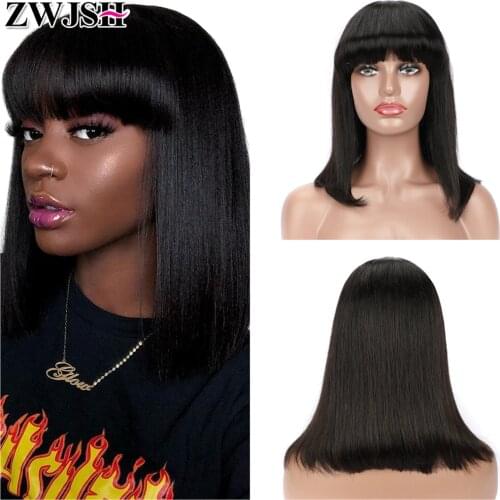 Straight Hair Bob Wigs with Bangs Glueless No Lace Remy Malaysian Human Hair Wigs for Women