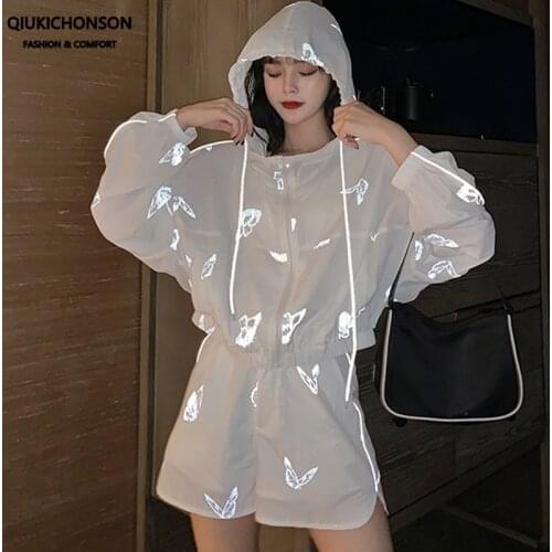 Reflective Clothing Women Summer Outfits Hooded Sun-Protection Crop Top Butterfly Hoodie Top and Shorts 2 piece set women shorts