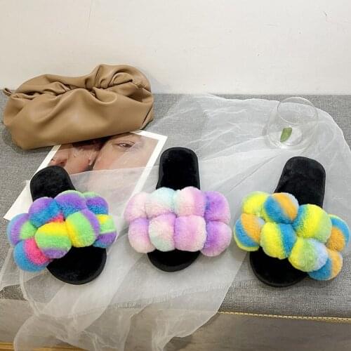 Warm Fluffy Slippers Women Faux Fur Colorful Indoor Floor Slides Flat Soft Furry Shoes Ladies Female Non Slip House Shoes