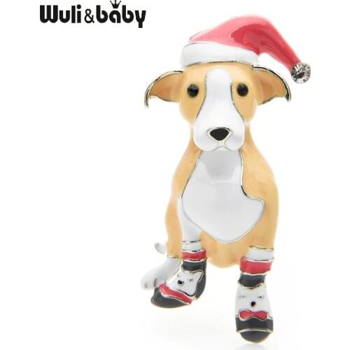 Wuli&baby Enamel Wear Cap Dog Christmas Brooches For Women Labrador Animal New Year Party Casual Brooch Pins Gifts