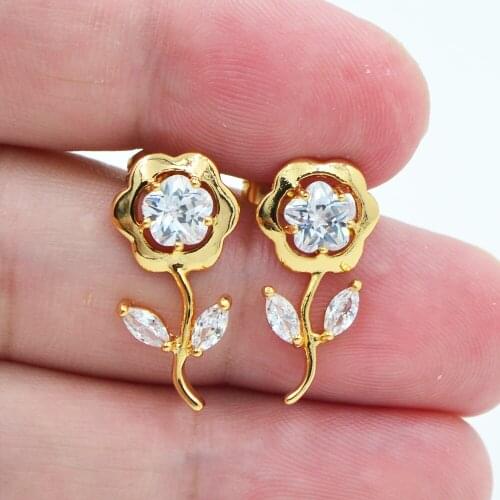 Gold Color AAA+ Cubic Zirconia Romantic Women Clear CZ Flower Stud Earrings for Women
