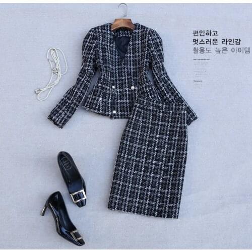 Elegant Office Lady Plaids V-neck Long Sleeve Top and Classic Knee-length Skirt Workwear Clothing Set