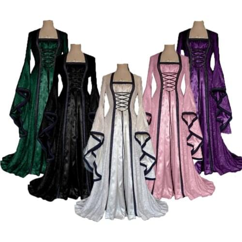 Plus Size Medieval Vintage Celtic Dress Long Sleeve Suqare Collar Hooded Floor Length Renaissance Gothic Dress Cosplay Halloween