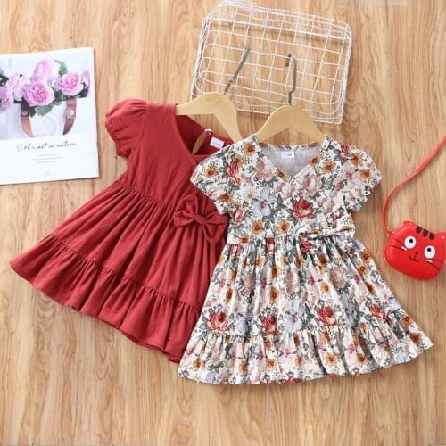 2021 Girls Summer Clothes Baby Dress Bow V-neck Flower Girls Dresses Boho Princess Dress Baby Clothes Toddler Girl Clothes 0-3Y