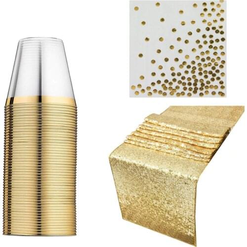 50pcs 9OZ Disposable Napkin Table Cloth Towel Rose Gold Rim Transparent Plastic Cups Wedding Birthday Party Party Decoration Set