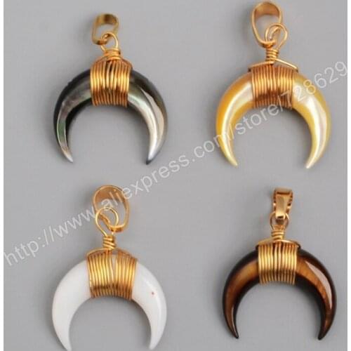BOROSA 10pcs Gold Color Wire Wrap Crescent multi colors shell moon pendant for necklace gems jewelry for women WX021