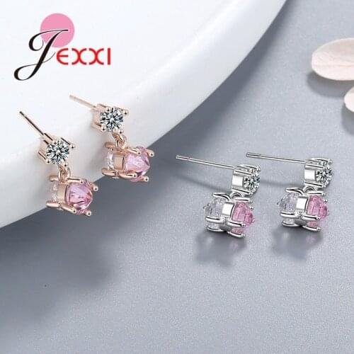 Fast Shipping Fashion New Women 925 Sterling Silver Pink CZ Crystal Pierced Dangle Drop Earrings Wedding Jewelry Ornament