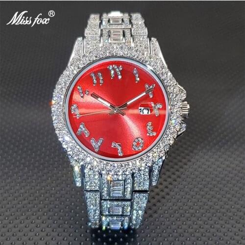 Relogio Masculino MISSFOX Ice Out Diamond Bezel Red Sunburst Dial Luxury Men Quartz Wristwatches Waterproof Chromalight Watches