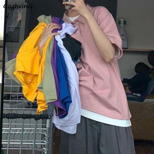 Multi-colors T-shirts Women Solid Short Sleeve Button Turn-down Collar Preppy Students Ulzzang Couples Casual Daily Outwear Tees