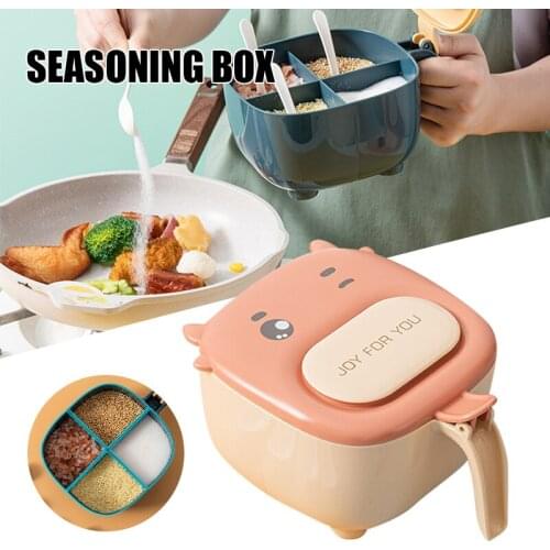 4 Grids Seasoning Box PP Condiments Spice Box With Spoons & Handle Large Capacity Kitchen Supplies Storage Set TS1