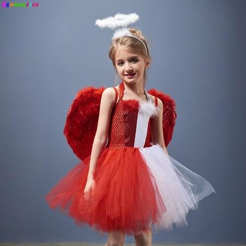 Naughty & Nice Halloween Costume Girls Angel Devil Tutu Dress with Halo and Feather Wings Kids Carnival Party Cosplay Clothes
