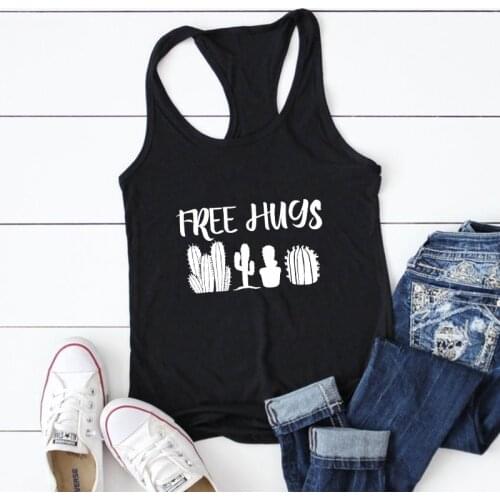 Cute Free Hugs Cactus Tank Women Flowy Raceback Gym Workout Tops Funny Sarcasm Introvert Tanks Shirt