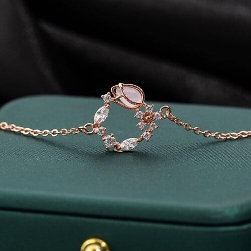 Fashion Cute Rose Gold Flowers Bracelets For Women Minimalist Charm Bracelets Cubic Zircon Bangles Jewelry Accessories Bijoux