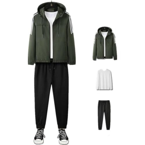 Mens 3 Piece Sportwear Jacket Lightweight Hooded Coats Three Stripes Outwear Joggers Black Trousers Cotton Crewneck Sweatshirt