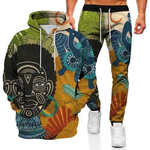 2021 new European and American couple sports suit mens fashion casual hooded sweater 3D character printed sweater + pants