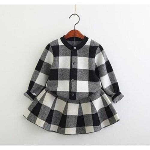 Fall Girls Sweater Clothes Set Knitted Cardigan Outerwear Coat&Skirt Plaid Clothing Set for Baby Girl Warm Christmas Outfits
