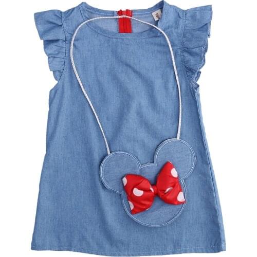 Citgeett Cotton Baby Girl Dress Bowknot Bag Ruffles Bow Demin Casual Dresses Cute Cartoon Summer Clothes SS