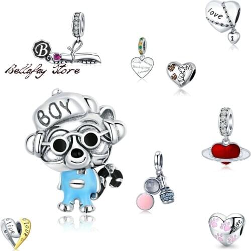 Bellafay Customed Heart Dangles Real 925 Sterling Silver Bear Charms Fits Original Bracelet Bangle DIY Beads Jewelry Making
