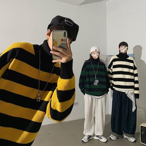 Striped Autumn Winter Sweater Mens and Womens Sweater Turtleneck Striped Patchwork Couple Sweater Women 2021 Pullover