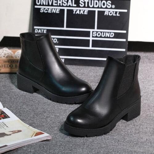 HOT Platform Boots New PU Leather Simple Black Boots Winter Fur Warm Snow Ankle Boots Slip-on Heel Women Shoes Chelsea Boots