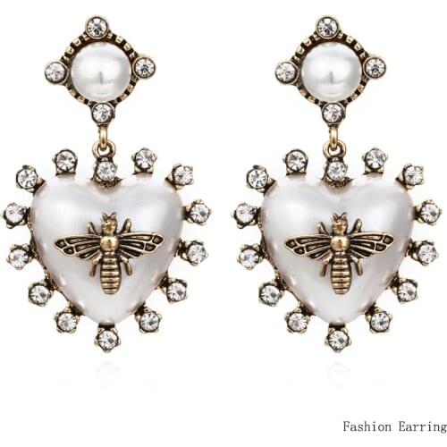 Fashion Women Earrings Pearl Crystal Bee Heart-shaped Drop Earrings Baroque Statement Luxury Jewelry Accessories For Women