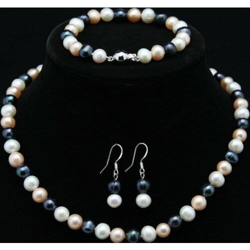 Natural 7-8mm White Pink Black Freshwater Pearl Necklace Bracelet Earrings Set