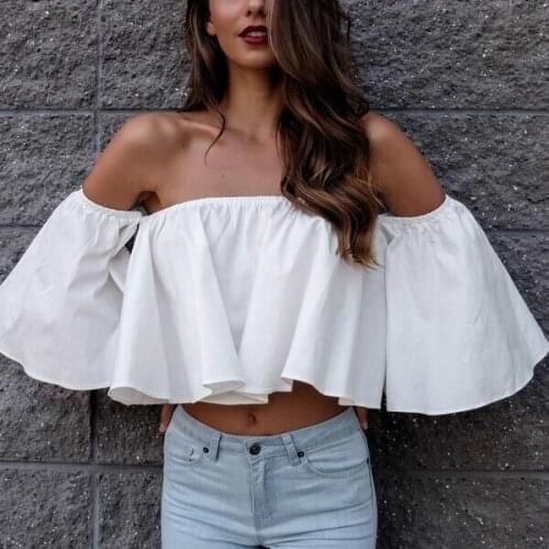 2021 Ladies Strapless Petal Sleeve Top Ladies Fashion Solid Color Summer Short One-Line Collar Ruffle Sleeve Top Clothes