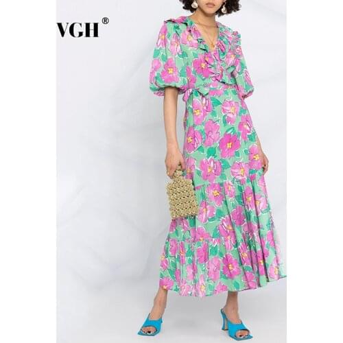 VGH Hit Color Elegant Dress Female V Neck Puff Sleeve High Waist Print Floral Dresses Female Fashionable New Clothing Spring