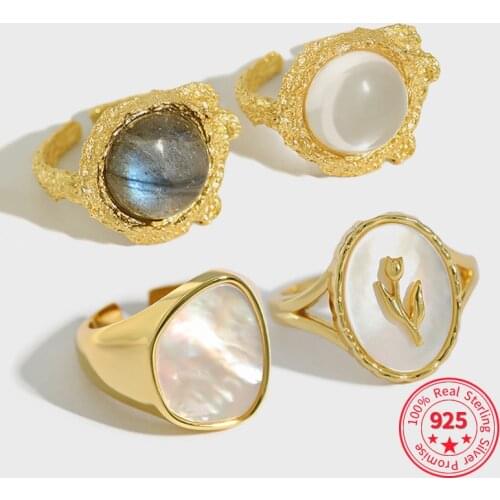 925 Sterling Silver New Vintage Gold Plated Luxury Moonstone Opening Retro Ring Elegant Wedding Bride Jewelry Gifts for Women