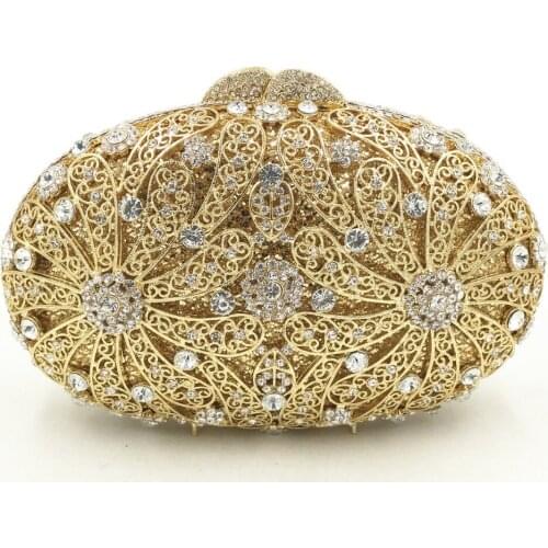 Golden Crystal Flower Minaudiere Handbag Women gifts Evening Clutches Bag Bridal Diamond Clutch Wedding Purse Metal Evening bag