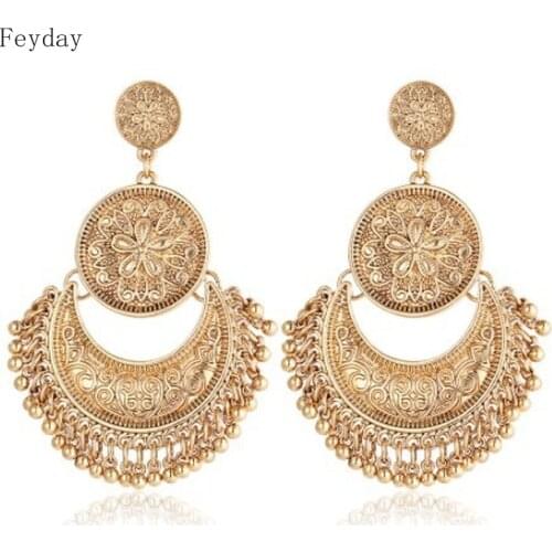 Ethnic Gold Color Long Drop Indian Earrings Vintage Big Fan Shape Dangle Earrings for Women Girls Indian Jewelry Fashion Tassel