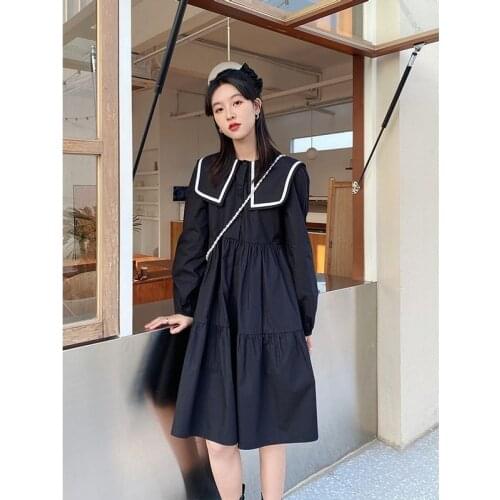 HOUZHOU Black Kawaii Dress Women Spring Autumn Sailor Collar Preppy Style Sweet Streetwear Elegant Vintage Robe Fashion Outfits
