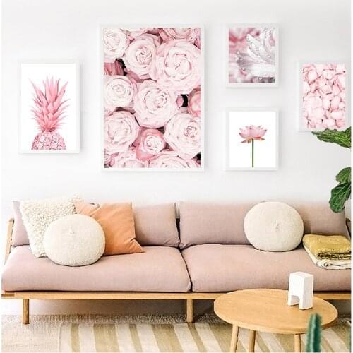 Canvas Painting Contemporary Art Picture Pink Pineapple Rose Lotus Flower Wall Nordic Botanical Floral Print Scandinavian