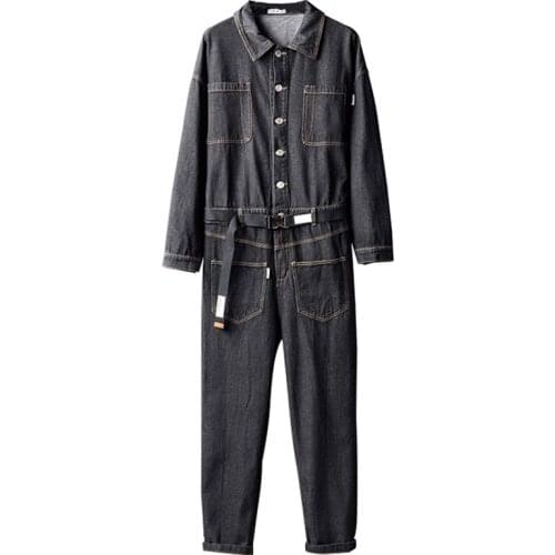 2021 Overalls Men Denim Jumpsuits Long Sleeve Lapel Loose Street Workwear Jeans Pants Fashion Freight Blue Black Trousers