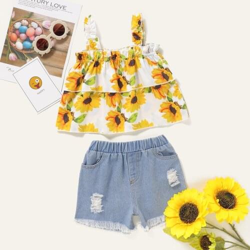 BOHO Summer Kids Baby Girl Outfits Clothes Floral Sleeveless Vest Tops+Holes Denim Shorts Casual Girl 2Pieces Sets 2-7Years