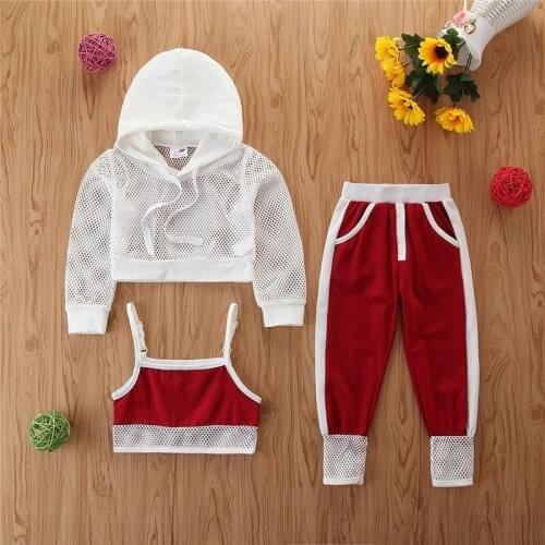 2-7Y Fashion Autumn Baby Girls Clothes Sets 3pcs Mesh Net Long Sleeve Hooded Tops+Vest+Solid Pants