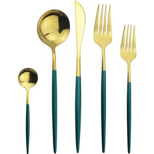 20Pcs Green Gold Cutlery Set Dessert Fork TeaSpoon 304 Stainless Steel Dinnerware Set Flatware Set Mirror Kitchen Tableware Set